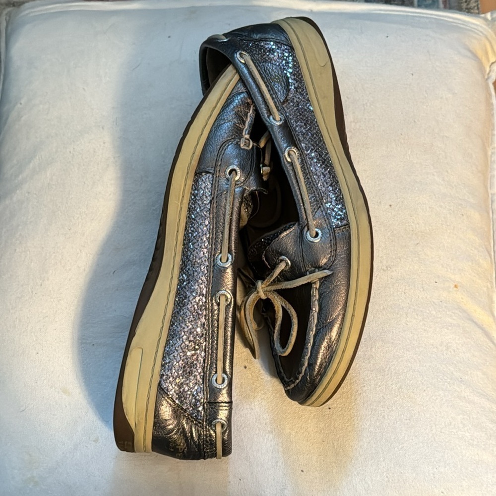 Sperry Ángel fish boat shoes silver / glitter leather lace up women’s sz 9‎ 1/2